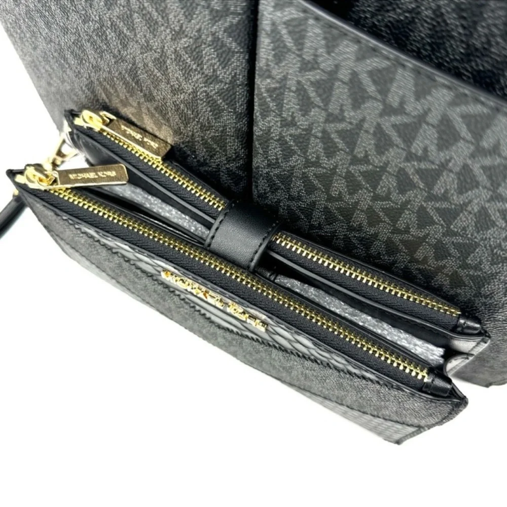 Michael Kors Jet Set Medium Pocket Tote Bag & Double Zip Wallet Black Signature